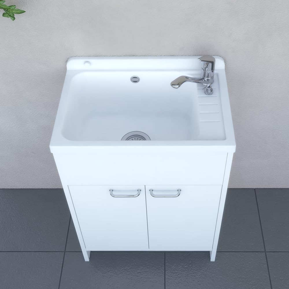 Inbagno Mobile Lavatoio Salvaspazio 58 Cm In PVC Bianco Con Vasca E Piletta In Acciaio Inox – Mobile Lavanderia Slim A Due Ante Con Piedini Regolabili E Maniglie Cromo – Kit Di Montaggio Incluso