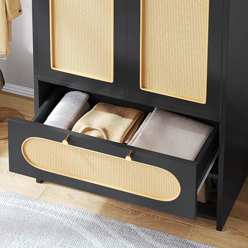 DWVO Rattan Armoire Wardrobe Closet - 70" Tall Rattan Armoire Closet with Doors, Large Storage Cabinet with Drawers & Hanging Rod/Bedroom Armoire - Black