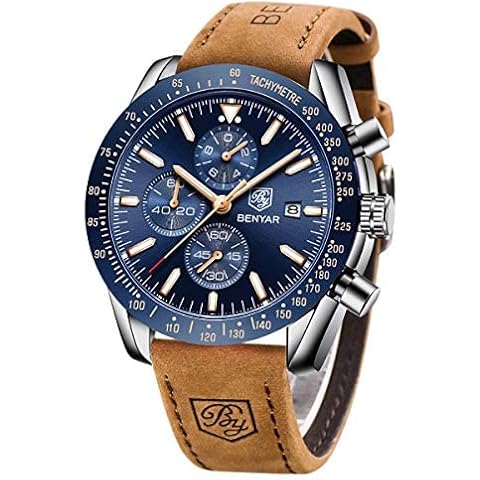 BY BENYAR Mens Watch Chronograph Watches Men Date Analog Quartz Movement Leather Band Stylish Sports Designer Wrist Watch 30M Waterproof Elegant Gift for Men… Cover