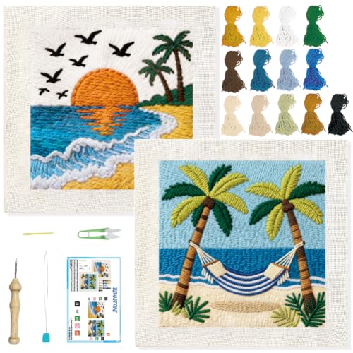 Image of BEUNITONE 2Set Punch Needle Kits with Beach Pre-Print Pattern Easy for Adults Beginners, DIY Craft Embroidery Needlepoint Kits, Punch Needle Set for Craft Lovers Home Decor Festival Gift 9.4x9.4 inch