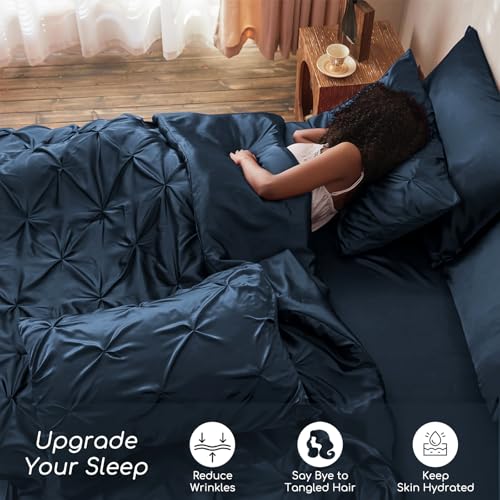 MR&HM Satin Comforter King 7 Pieces - Luxurious Pinch Pleat Bedding Set with Comforter, Flat Sheet, Fitted Sheet, Pillowcases & Shams, Super Silky Soft Bed Set for All Season (King, Mood Indigo)