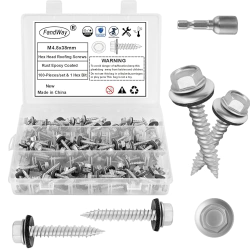FandWay M4.8x38mm Self-Drilling Roofing Screws,100pcs Hex Head Sheet Metal Tek Screws,Rust Epoxy Coated Self Tapping Wood Siding Screw With EPDM Washer and Hex Drive for Corrugated Roofing.