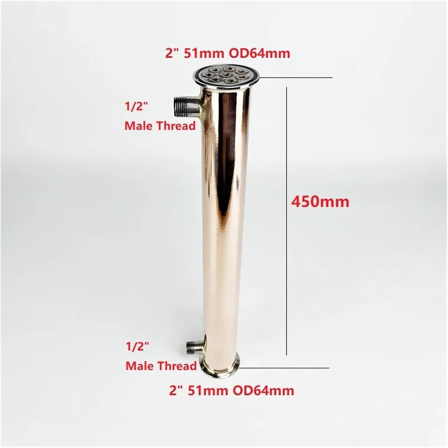 2" 51mm(OD64mm) Copper Condenser, Reflux with 1/2" Male Tread,Length 450mm