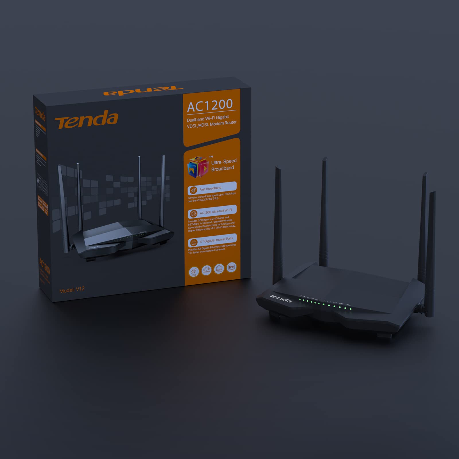 Tenda V12 Modem Router WiFi, Wireless AC1200 Dual Band VDSL/ADSL Router, 300Mbps/2.4GHz and 867Mbps/5GHz, 4 Gigabit Ports, Beamforming Technology, VPN/IPTV/IPv6/WPS Support