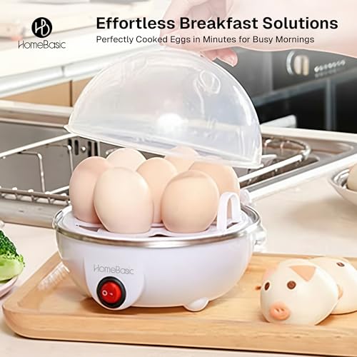 Image of HOMEBASIC 7-Egg Electric Cooker - Automatic Egg Boiler, Soft /Medium /Hard Boiled, One-Touch Operation, LED Indicator, 350W Rapid Heating, Easy Clean