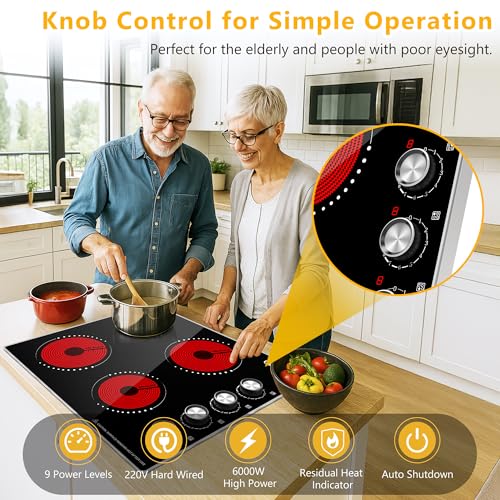 Image of 24 Inch Electric Cooktop, 4 Burner Ceramic Stove with 9 Power Levels, Knob Control, Auto shutdown and Residual Heat Warning, 6000W, 220-240V for Hard Wire