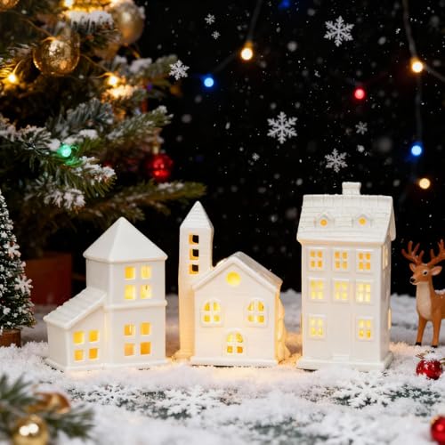 WRQIOO Weihnachtsdorf mit Beleuchtung, 3er Set Weihnachtsdorf Häuser,...