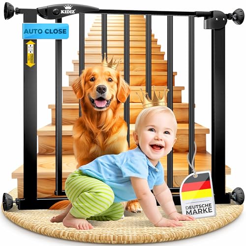 KIDIZ Schutzgitter für Treppen | Tür, Auto Close Kindertreppengitter ohne Bohren | 90° Stop, Absperr Türschutzgitter, schwenkbare Trennwand, Treppenschutzgitter, Klemmen, schwarz, Breite: 74-87 cm