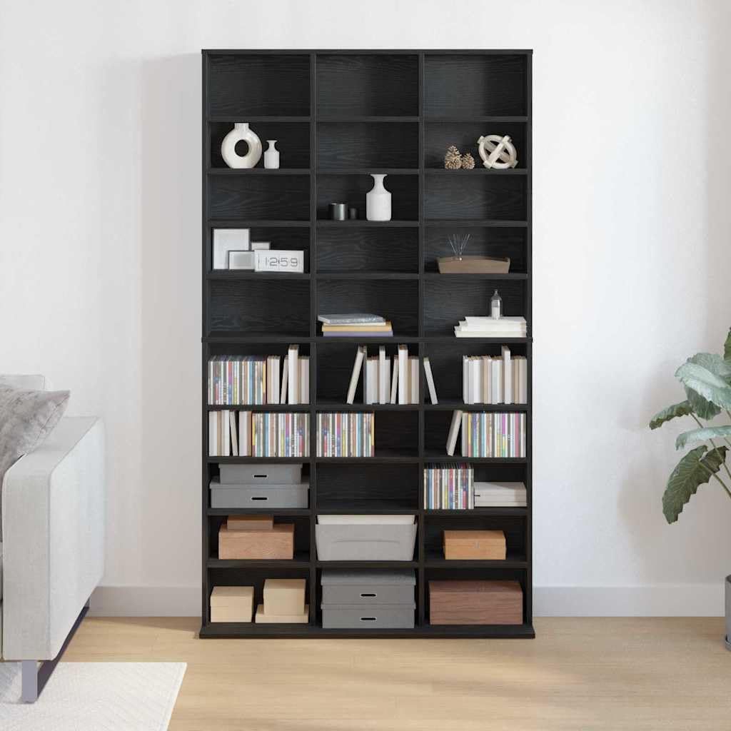 Mobile per CD con mensola, colore nero, effetto quercia, 101 x 23 x 177,5 cm, moderno armadietto multimediale per CD e DVD con ampio spazio di archiviazione, robusta soluzione di conservazione