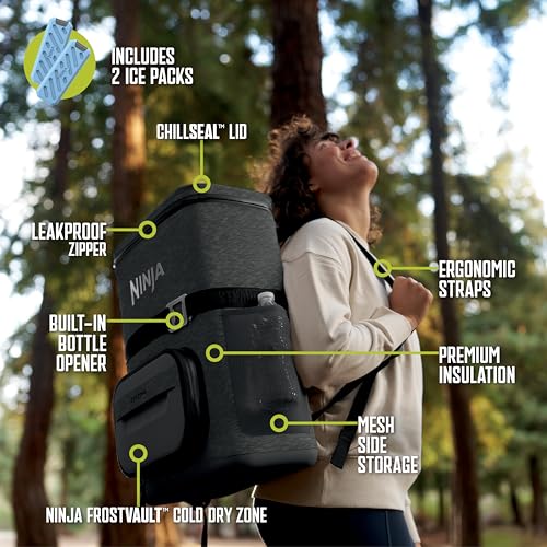 ninja  backpack cooler  frostvault go can soft cooler  leakproof zipper with built in can opener 2 ice packs amp dry storage drawer  for hiking camping amp more  2436 can