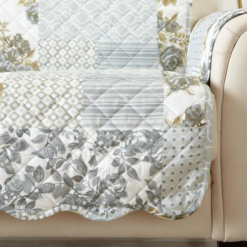 Image of Great Bay Home Reversible Patchwork Chair Cover - Washable Slipcover Furniture Protector with Elastic Straps - Perfect for Kids & Pets - Box-Stitched Detail (Grey)
