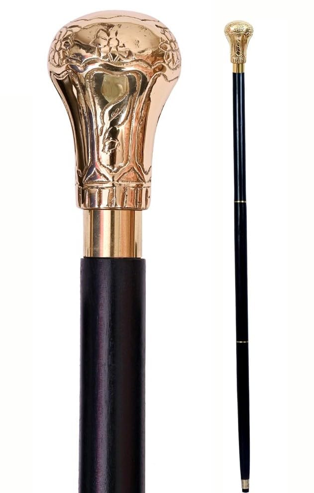 Replica of Bat Masterson Walking Cane Wooden Walking Stick Handmade Brass Knob Handle Walking Cane for Men and Women, Black and Gold 37.5 Inch