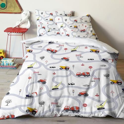 Yasida Ropa de cama infantil de 140 x 200 cm, para niños, tractor, microfibra, ropa de cama con señales de tráfico y calles, para niños, adolescentes, excavadoras, ropa de cama, 140 x 200 cm, con
