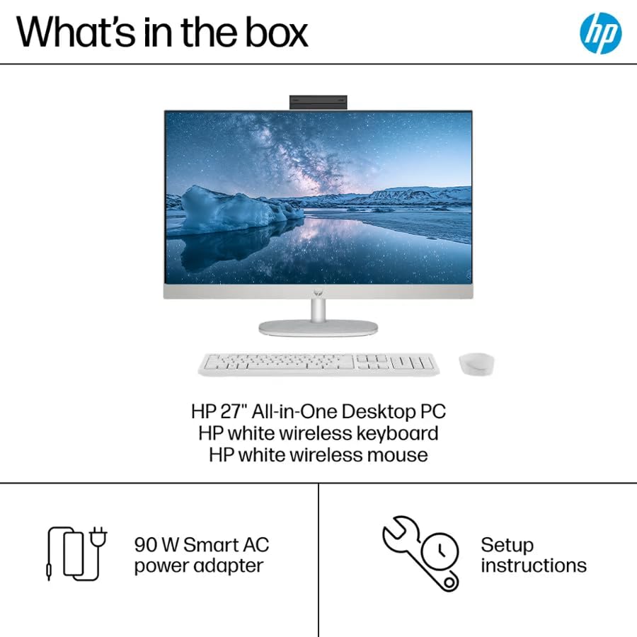 Image of Customized Desktop Computer, Created Using HP 27 inch FHD Touchscreen All-in-One Desktop Computer, Intel 12-Core Ultra 7 Processor, 8GB /16GB /32GB /64GB DDR5 RAM, 256GB /512GB /1TB /2TB SSD, Windows 11, White
