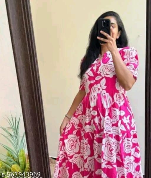 Image of Women's Rayon A-Line Midi Dress, Red and White Floral Print, Short Sleeves, Tiered Design, Round Neck, Summer Wear