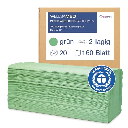 Wellsamed Papierhandtücher 3200 Stück, 25 x 23 cm Grün 2-lagig, ZZ-Falz umweltfreundliche Falthandtücher, Handtuchpapier, Papiertücher