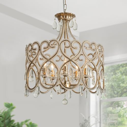 KSRYSZCQ 5-Light Crystal Chandelier 20“ French Country Chandelier Antique Silver Drum Chandelier for Dining Room Bedroom Living Room Kitchen Island by KSRYSZCQ - Image 2