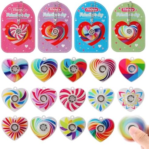 Valentine's Day Gifts - 28 Pcs Fidget Spinner Keychains Set with Greeting Card, School Valentine Gift Exchange, Stress Relief Toys for Kids Boys Girls