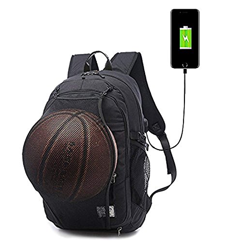 Preisvergleich Produktbild Yukijiaojiao Basketball Rucksack Laptop, Lade-Rucksack mit Basketballnetz, USB-Ladeanschluss, Schwarz, 11.41 x 4.92 x 16.53 inch