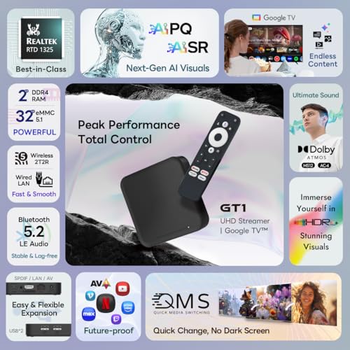 Image of RockTek GT1 4K Streaming Box with Google TV, Realtek RTD1325, 2GB RAM 32GB Storage, HDR10+, WiFi 5, AISR, AIPQ, QMS, Voice Remote, Smart Home Control & Chromecast Built-in