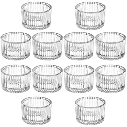 Portavelas Cristal, MOLENCO 12 Piezas Mini Portavela de Cristal Transparente, 5,3 x 3,5 cm Portavelas de Té Acanalado para Bodas, Hogar, Fiestas, Mesa Decoración