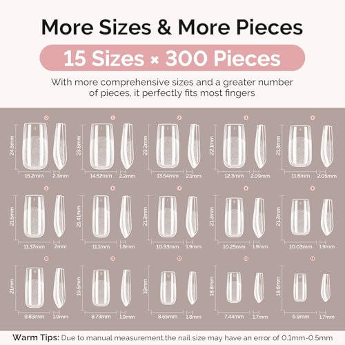 Image of MelodySusie Square Gel Nail Tips Kit-300Pcs Pre-Building Apex Fake Nail Tips 20g Solid Nail Glue Gel,Half Matte Full Cover Clear Acrylic Nail,15Sizes Thick Strong Long Lasting for Home DIY&Salon