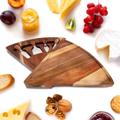 Acacia Wood Charcuterie Boards with Knife Set, Rotating Open Cheese