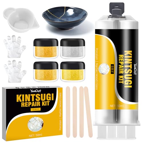 Kintsugi Kit Kintsugi Kit con polvo dorado y plateado, pegamento de cerámica, reparación y decoración de porcelana, cerámica, Gypse, pegamento de reparación de vidrio