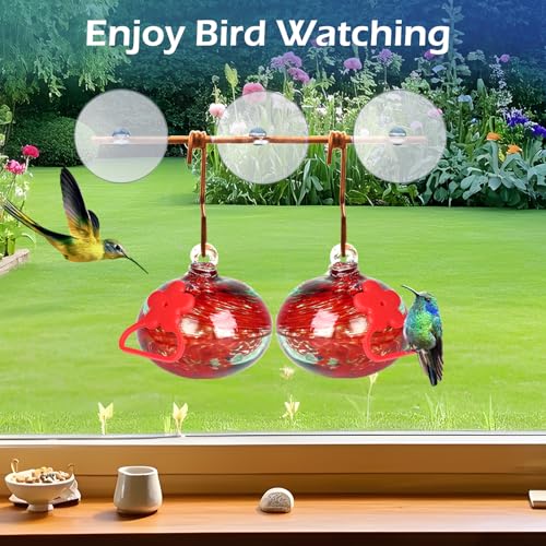Pozfun Set of 2 Hummingbird Feeders for Outdoors Hanging,Hand-Blown Glass Hummingbird Feeder with Silicone Feeding Perch,Never Leak,Gardening Gifts for Woman Man — view 2
