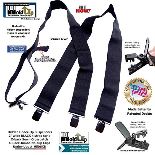Holdup Brand 2\" Wide Black Undergarment Hidden Suspenders with/Patented Black No-slip Clips
