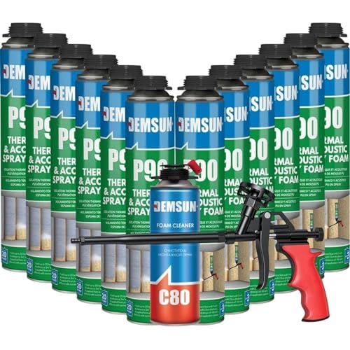 DEMSUN P90 Insulation Bundle – 12x Thermal & Acoustic Spray 850ml + C80 Foam Cleaner 500ml + Aluminium Foam Gun | Professional Expanding Polyurethane Insulation Kit
