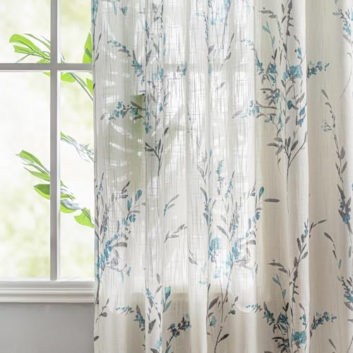 Image of MYSKY HOME Floral Sheer Curtains 63 Inch Long Linen Blended 2 Panels Teal | Bedroom Living /Dining Room Floral Light Filtering Curtains Patterned Privacy Protect Farmhouse Window Treatment 50 inch W