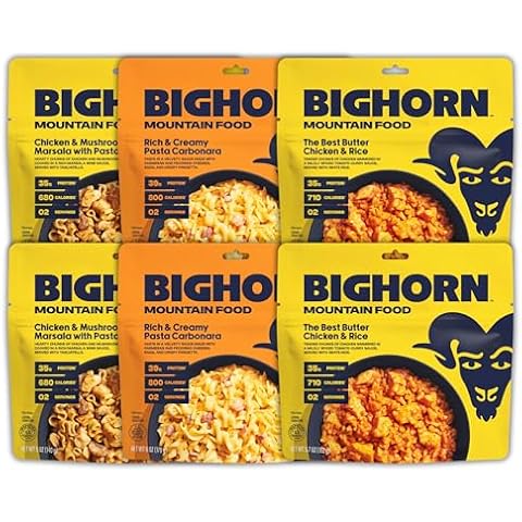 BIGHORN Mountain Food - Beast Mode Expedition Pack - contains 6 pouches | 12 servings | 218g Protein | 4,380 Calories – premium freeze dried meals for backpacking food - includes two each of: 2 x The Best Butter Chicken & Rice | 2 x Rich & Creamy Pasta Carbonara with Rotelle | 2 x Chicken & Mushroom Marsala with Tagliatelle Cover
