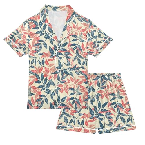 senya Painting Leaf Satin Summer Pajama Sets Silk Short Sleeve Button Down Sleepwear