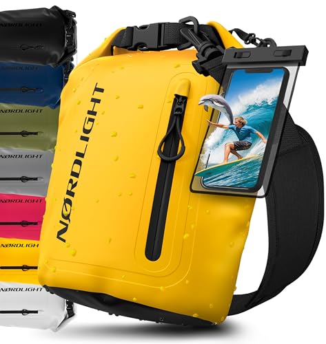 Nordlight Bolsa Estanca Impermeable + Funda para Móvil, Cierre Enrollable, Correa para Hombro | Drybag Mochila Impermeable Saco Estanco Bolsa de Transporte Náutica | Playa Sup - Amarillo, 5 litros