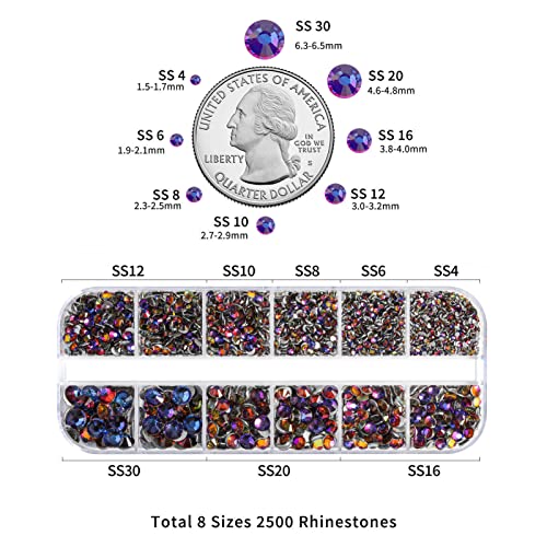 Beadsland Rhinestones for Makeup,8 Sizes 2500pcs Blue Flatback Rhinestones Face Gems for Nails Crafts with Tweezers and Wax Pencil,Blue Volcano,SS4-SS30 - Image 3