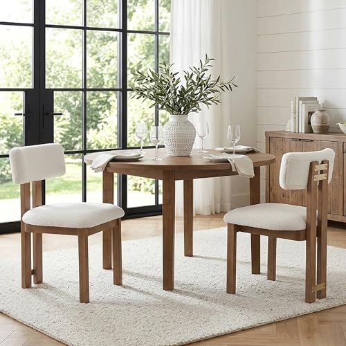 Image of HNY Modern Farmhouse Boucle Sherpa Dining Chairs Set of 2, White Fabric Upholstered Dining Room Kitchen Chairs with Natural Wood Frame & Curved-Back, Armless Accent Wood Chairs for Dining Living Room