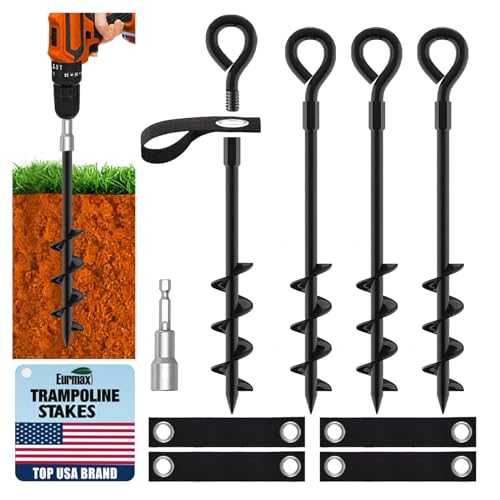 Eurmax USA Trampolin-Anker-Set, zum Einschrauben, strapazierfähig, für Trampoline, Vordächer, Zelte, 4 Stück, Outdoor-Ankerpfähle mit Gurten (schwarz)