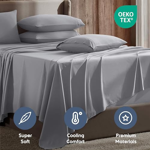 Image of Nestl Extra Deep Queen Sheet Set - 6 Piece Breathable & Cooling Sheets - Hotel Luxury Bedding Set w /18-24 Inch Deep Pockets - Easy & Secure Fit - Super Soft, Wrinkle Free & Comfy - Grey