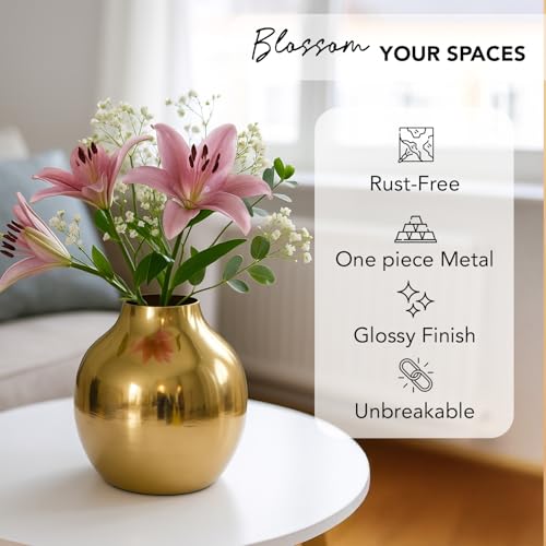 Image of Nostrae by Ekhasa Unbreakable Metallic Flower Vase for Home Decor | Aesthetic Flower Vase with Rubber Pad Base for Living Room | Decorative Metal Vase Gift for Wedding, Housewarming