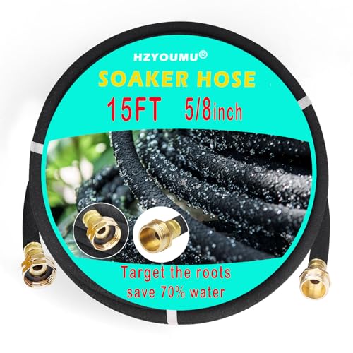 HZYOUMU Soaker Hose 15ft 5/8 Solid Brass Connector Heavy Duty Leakproof Drip Irrigation Soaker Hose for Garden Lawn & Flower Beds