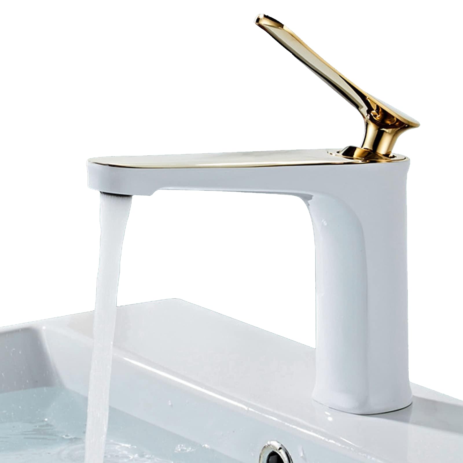 Grifo, blanco + dorado G1/2 totalmente de cobre, grifo de lavabo de un solo orificio, moderno grifo de agua de mezcla fría y caliente, accesorio de baño