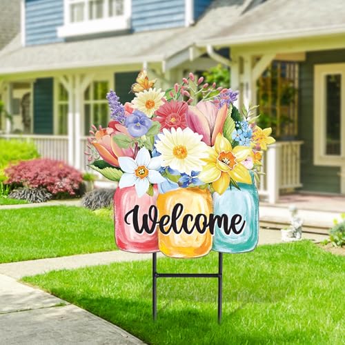 JarThenaAMCS Spring Flower Metal Garden Stakes Colorful Floral Vase Decorative Lawn Sign Welcome Yard Sign for Home Outside Lawn Porch Walkway Decor