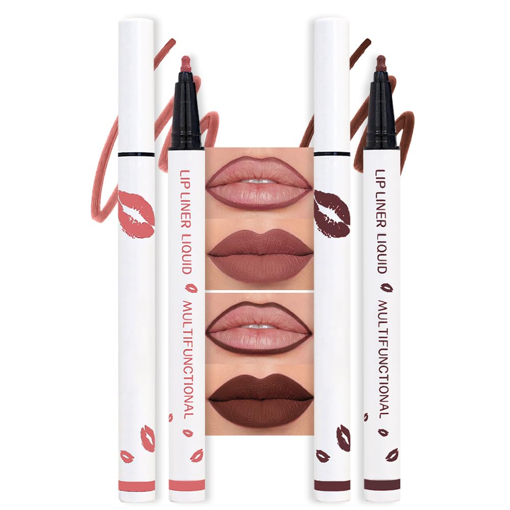2Pcs Longwear Liquid Lip Liner Stain Marker Pen Set Long Lasting Waterproof, Maroon Dark Red Brown Dusty Mauve Matte 24 Hour Lip Liner and Lipstick