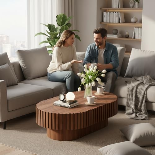 SPMETUYO Oval Coffee Table for Living Room Fluted Coffee Table Mid Century Modern Center Table Wood Tea Table with Pedestal Home Furniture Office Apartment Easy Assembly 43.7" Walnut - Thumbnail 5