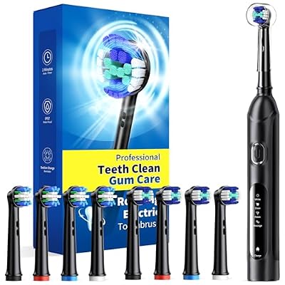 TEETHEORY Rotating Electric Toothbrush for Adults with 8 Brush Heads (2 Types), 4 Modes Deep Clean Electric Toothbrush with Rechargeable Power and 2 Min Smart Timer Black