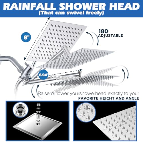Image of Filtered Shower Head,8 inchRain Shower Head with Handheld Spray Combo with 11'' Angle Adjustable Extension Arm /Flow Regulator /Shower System,High Pressure Rainfall Shower Head Bathroom,Chrome