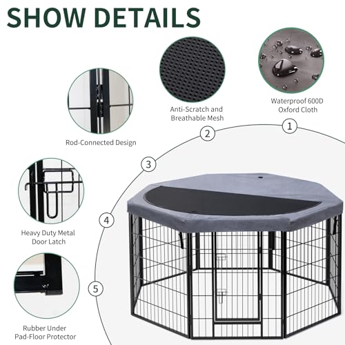 Image of PETIME Dog Playpen,Metal Exercise Puppy Pen Heavy Duty Kennels Yard Fence Indoor /Outdoor 27 inch W x 32 inch H 8 Panels Dog Cage with Octagon Top Cover