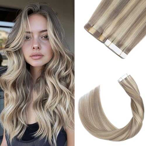 40cm - Extensiones Adhesivas de Liso Pelo Humano Cinta Adhesiva Invisible[1.5g*20pcs] Tape in Hair Extensions Cabello Humano- #Gris & Rubio Oscuro