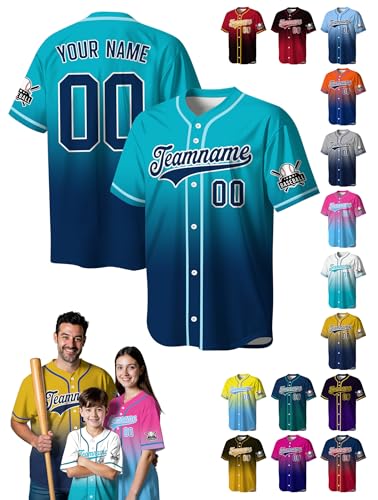 Custom Gradient Baseball Jersey Hip Hop Button Down Shirts Personalized Name Number Logo for Men Women Youth Kids, Teal Blue Jersey Fan Gift miniatura 1